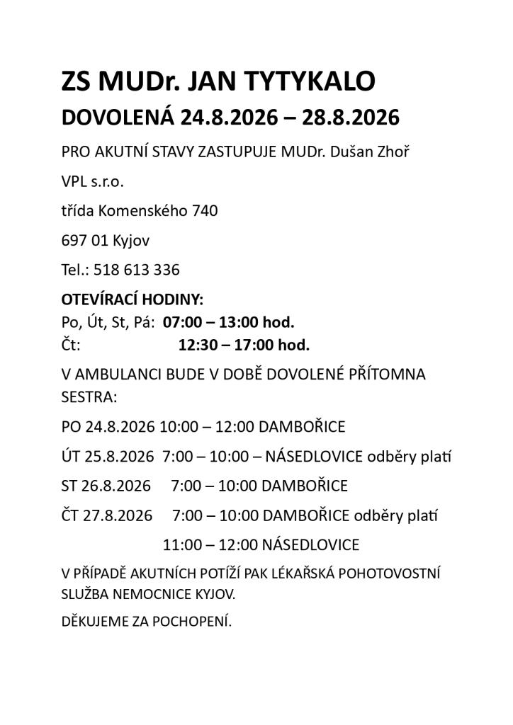 ZS MUDr. Tytykalo - dovolená